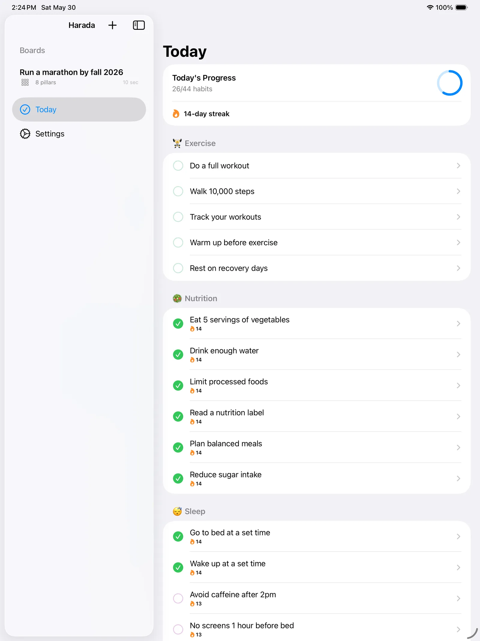The daily check-in screen listing actions to complete