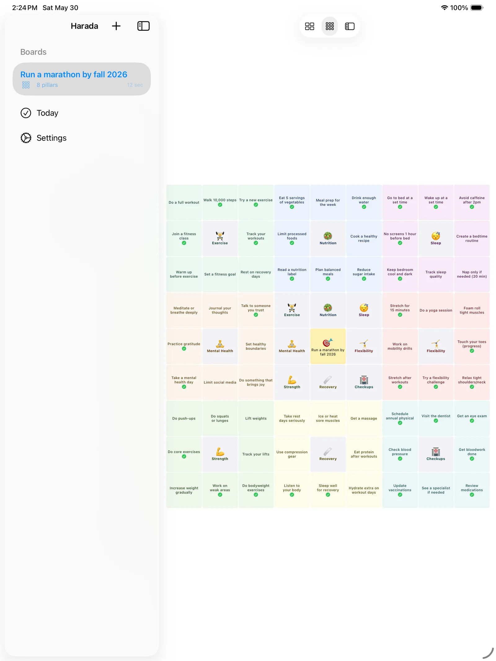 The full 9x9 Harada goal grid in Harada Life Goals on iPad